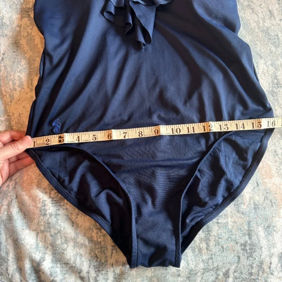Polo Ralph Lauren Swimsuit Size Large Navy Blue One Piece Scoop Back Ruffle Pony - Picture 15 of 16
